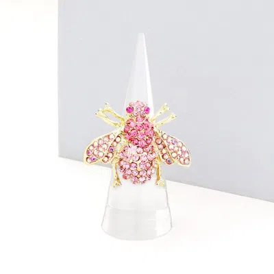 Fashnzfab Crystal Honey Bee Stretch Ring In Pink