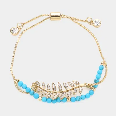 Fashnzfab Crystal Leaf Charm Layered Pull Tie Bracelet Gold, Turquoise In Blue