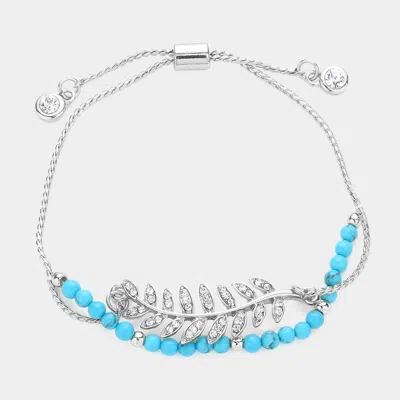 Fashnzfab Crystal Leaf Charm Layered Pull Tie Bracelet Rhodium, Turquoise In Blue