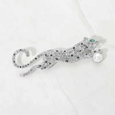 Fashnzfab Crystal Leopard Pin Brooch In Metallic