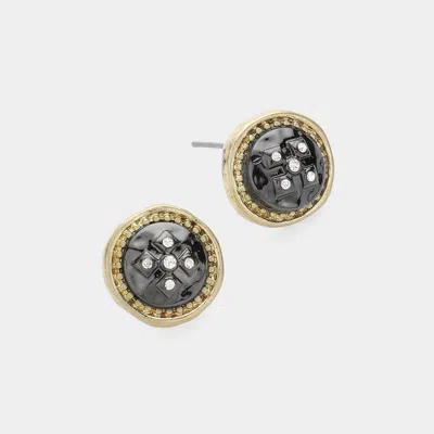 Fashnzfab Crystal Metal Button Stud Earrings In Black