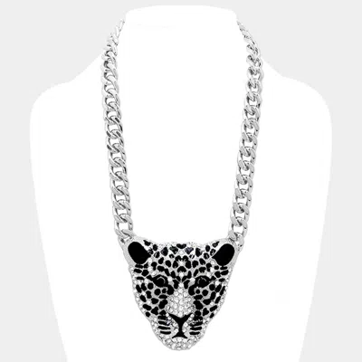 Fashnzfab Crystal Metal Leopard Ornate Necklace In Black