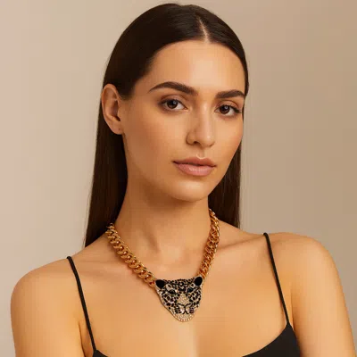 Fashnzfab Crystal Metal Leopard Ornate Necklace In Gold