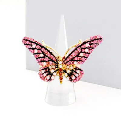 Fashnzfab Crystal Pave Butterfly Stretch Ring In Pink