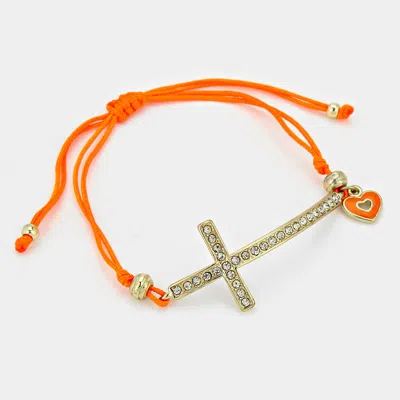 Fashnzfab Crystal Pave Cross Heart Charm Pointed Thread Adjustable Cinch Pull Tie Bracelet Gold, Orange, Clear In Silver