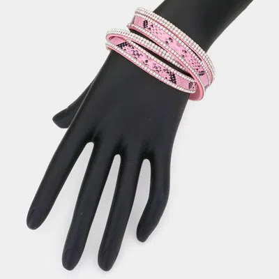 Fashnzfab Crystal Pave Faux Leather Wrap Bracelet Pink