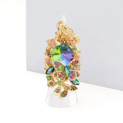 Fashnzfab Crystal Pave Floral Butterfly Stretch Ring In Brown