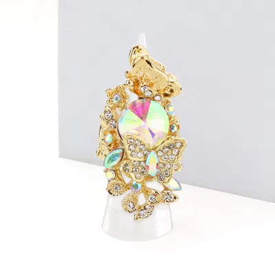 Fashnzfab Crystal Pave Floral Butterfly Stretch Ring In Multi