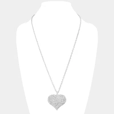 Fashnzfab Crystal Pave Heart Pendant Long Necklace In Silver