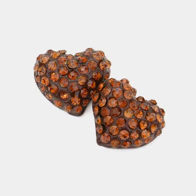 Fashnzfab Crystal Pave Heart Stud Earrings - Brown, Smoked Topaz