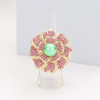 Fashnzfab Crystal Pave Pearl Flower Stretch Ring In Gold