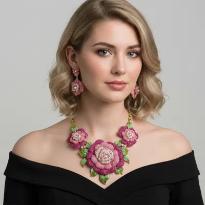 Fashnzfab Crystal Pave Rose Flower Accented Evening Necklace In Multi
