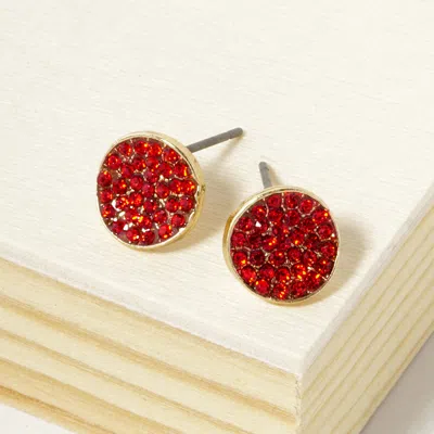 Fashnzfab Crystal Pave Round Disc Stud Earrings - Siam In Red