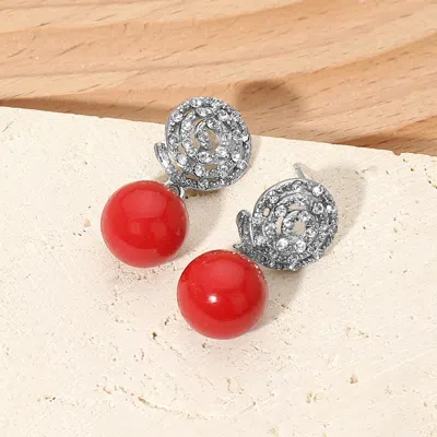 Fashnzfab Crystal Pave Swirl Pearl Drop Earrings In Red