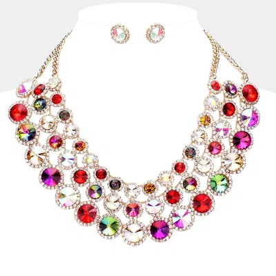 Fashnzfab Crystal Pave Trim Round Evening Necklace - Gold, Multi In Red