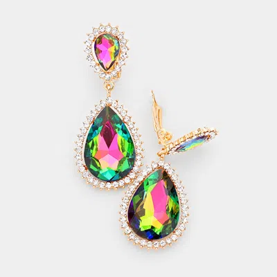 Fashnzfab Crystal Pave Trim Teardrop Clip On Earrings In Green