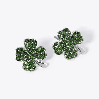 Fashnzfab Crystal Paved Clover Stud Earrings In Green