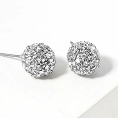 Fashnzfab Crystal Paved Disco Ball Stud Earrings - Clear, Rhodium In Silver