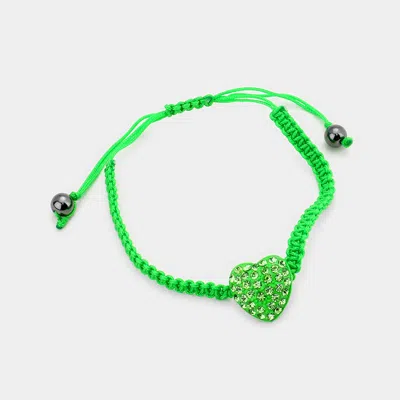 Fashnzfab Crystal Paved Heart Pointed Braided Adjustable Cinch Pull Tie Bracelet Green
