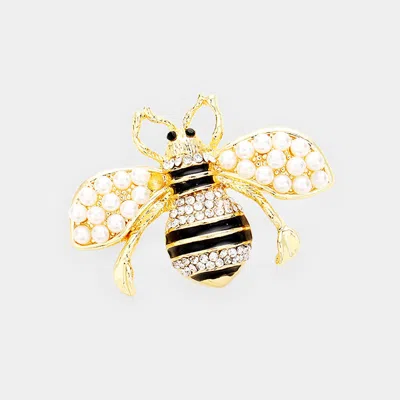 Fashnzfab Crystal Paved Pearl Honey Bee Pin Brooch In Gold