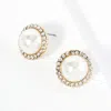 Fashnzfab Pearl Centered Rhinestone Trimmed Stud Earrings In Gold