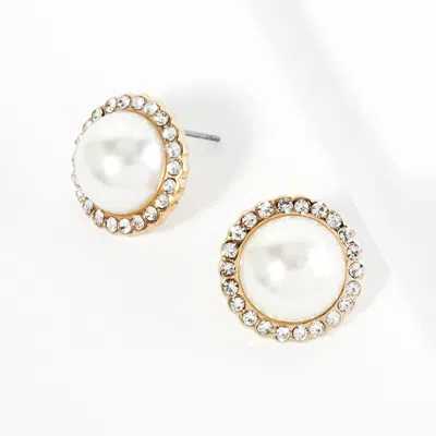 Fashnzfab Crystal Paved Rim Pearl Stud Earrings - Gold In Silver