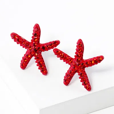 Fashnzfab Crystal Paved Starfish Stud Earrings - Siam In Red