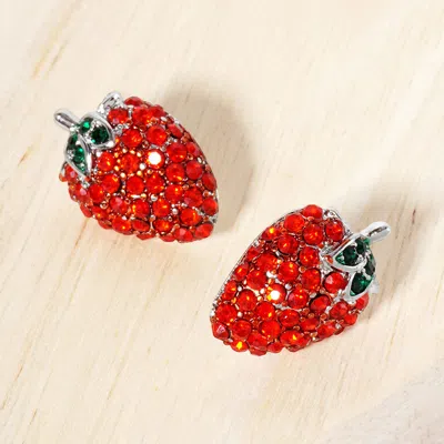 Fashnzfab Crystal Paved Strawberry Stud Earrings In Red