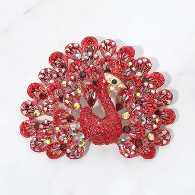Fashnzfab Crystal Peacock Statement Pin Brooch In Burgundy