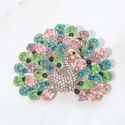 Fashnzfab Crystal Peacock Statement Pin Brooch In Pink