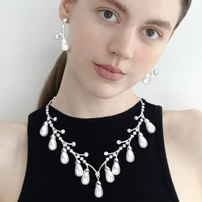 Fashnzfab Crystal Pearl Branch Necklace In White