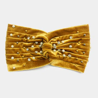 Fashnzfab Crystal Pearl Detailed Twisted Velvet Headband In Gold