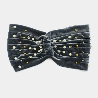 Fashnzfab Crystal Pearl Detailed Twisted Velvet Headband In Gray
