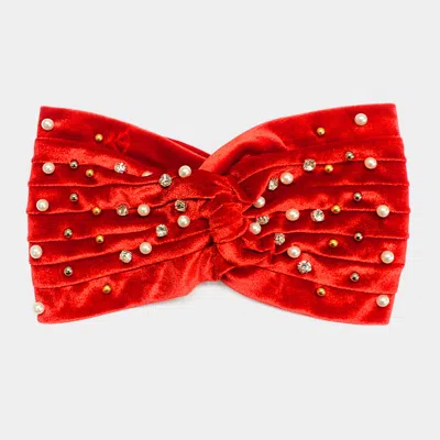 Fashnzfab Crystal Pearl Detailed Twisted Velvet Headband In Red