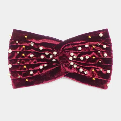 Fashnzfab Crystal Pearl Detailed Twisted Velvet Headband In White