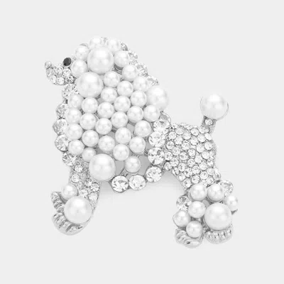 Fashnzfab Crystal Pearl Poodle Brooch In Silver