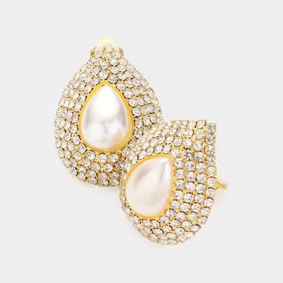 Fashnzfab Crystal Pearl Teardrop Clip On Earrings In Gold