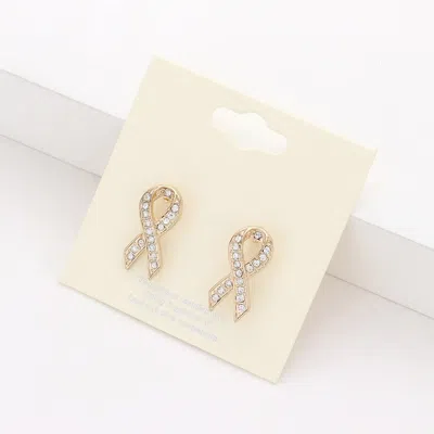 Fashnzfab Crystal Pink Ribbon Stud Earrings In Gold