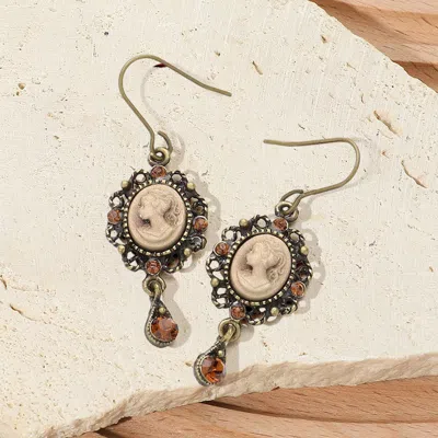 Fashnzfab Crystal Pointed Oval Cameo Dangle Earrings - Brown