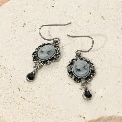 Fashnzfab Crystal Pointed Oval Cameo Dangle Earrings In Black
