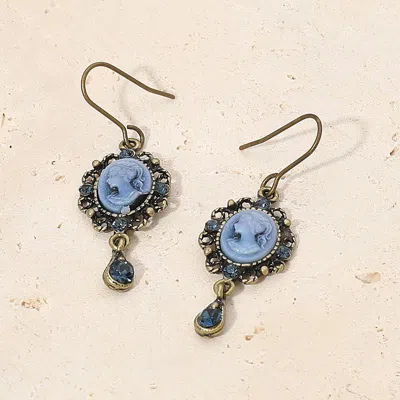 Fashnzfab Crystal Pointed Oval Cameo Dangle Earrings In Blue