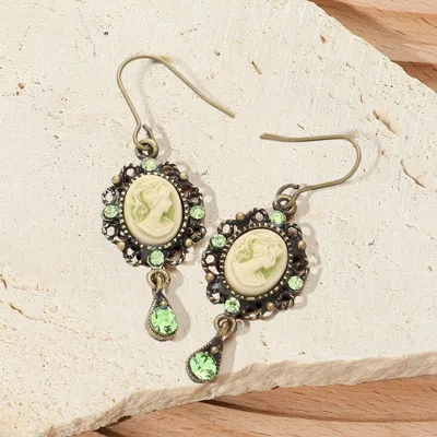 Fashnzfab Crystal Pointed Oval Cameo Dangle Earrings In Green
