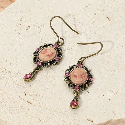 Fashnzfab Crystal Pointed Oval Cameo Dangle Earrings In Pink