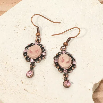 Fashnzfab Crystal Pointed Oval Cameo Dangle Earrings In Pink