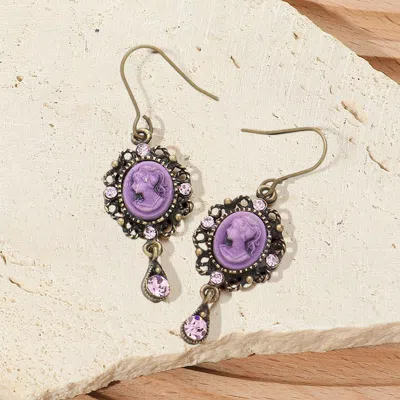 Fashnzfab Crystal Pointed Oval Cameo Dangle Earrings In Purple