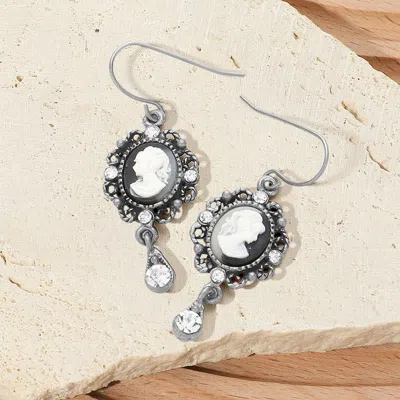 Fashnzfab Crystal Pointed Oval Cameo Dangle Earrings In White