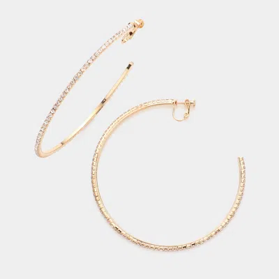 Fashnzfab Crystal Rhinestone 3.3 Inch Hoop Clip On Earrings In Gold