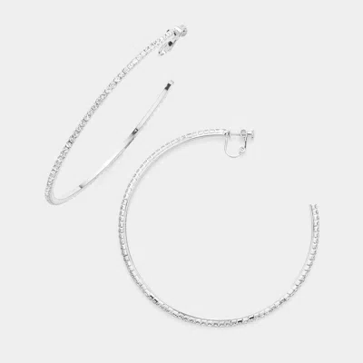 Fashnzfab Crystal Rhinestone 3.3 Inch Hoop Clip On Earrings In Metallic