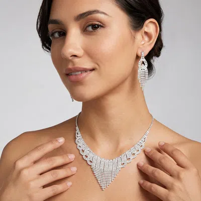 Fashnzfab Crystal Rhinestone Accent Fringe Necklace In Metallic