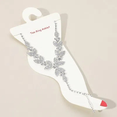 Fashnzfab Crystal Rhinestone Anklet With Toe Ring Foot Chain - Clear, Silver In Multi